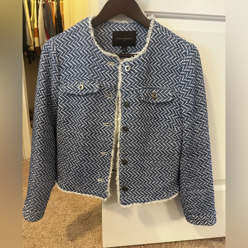 Banana Republic Women's Herringbone Blazer Medium Blue/White Tweed Jacket